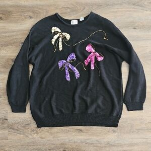 Vintage Lindsey Blake Black Sweater with Colorful Sequins Bow Accent